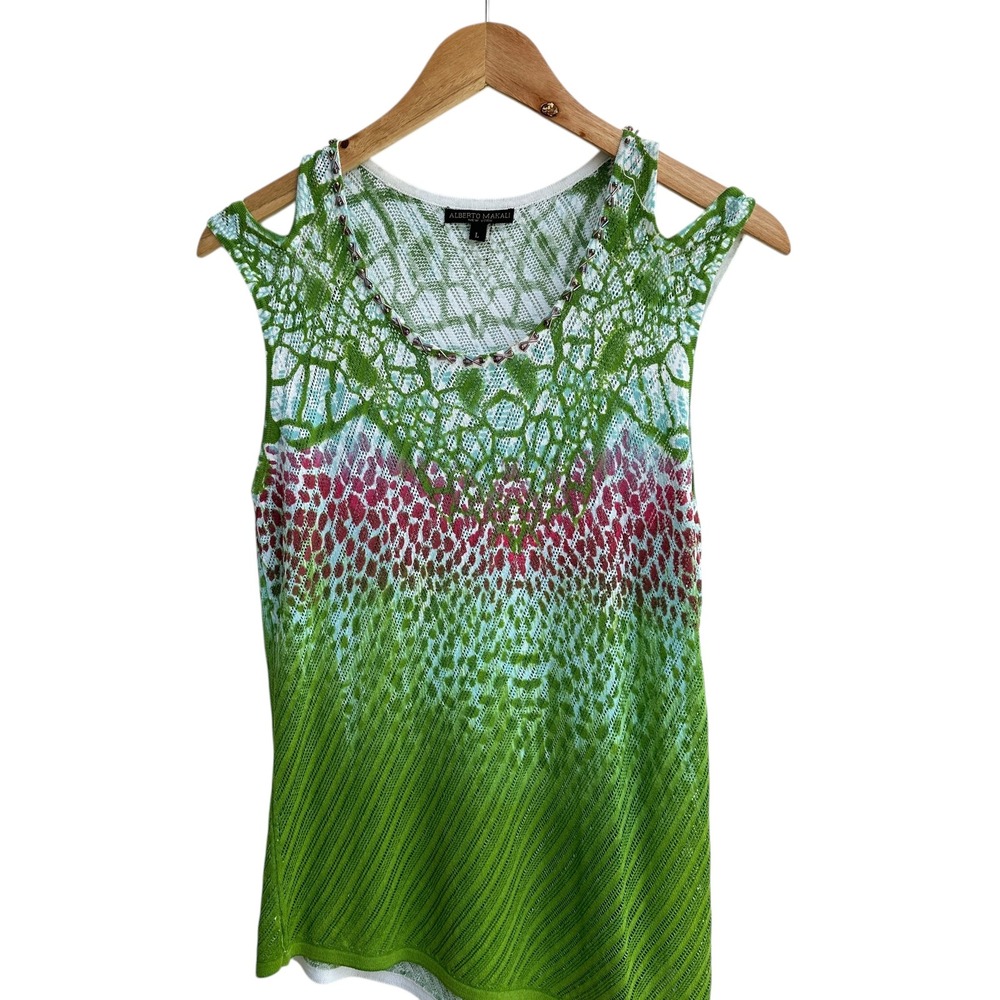 Alberto Makali Top Green/Pink Boho Embellished Sheer Knit Large NWOT